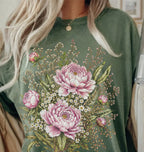 Pink Peony Floral T-Shirt - Moss / S - T-Shirt