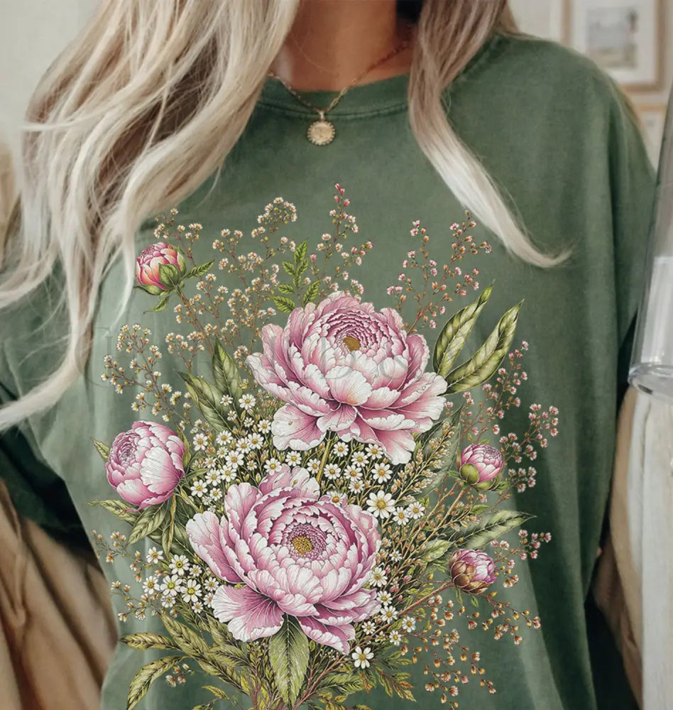 Pink Peony Floral T-Shirt - Moss / S - T-Shirt