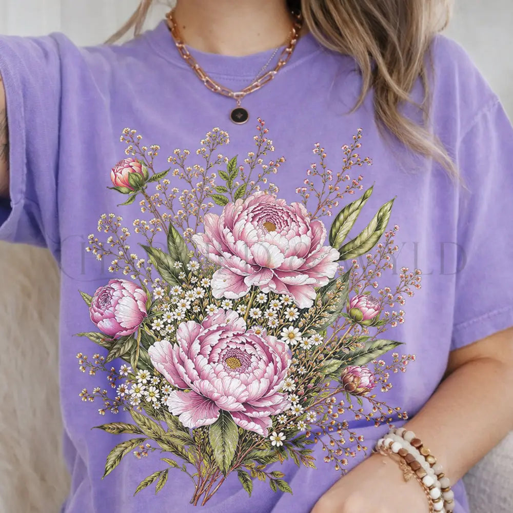 Pink Peony Floral T-Shirt - Violet / S - T-Shirt