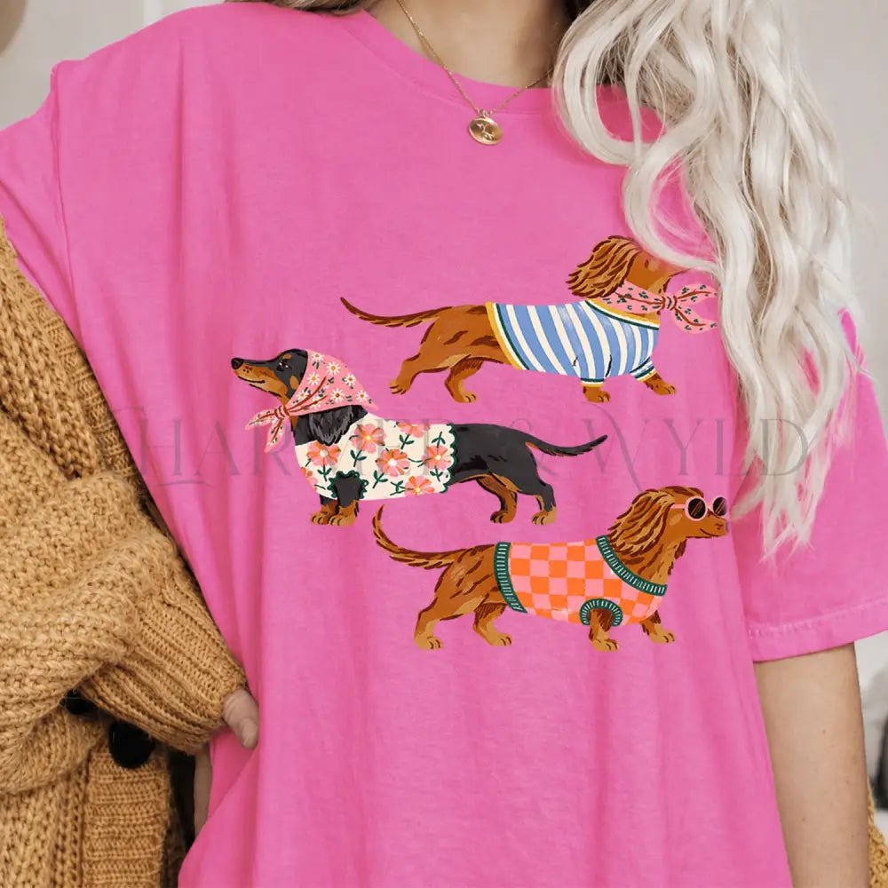 Preppy Dachshund Dogs T-Shirt - Neon Pink / S - T-Shirt