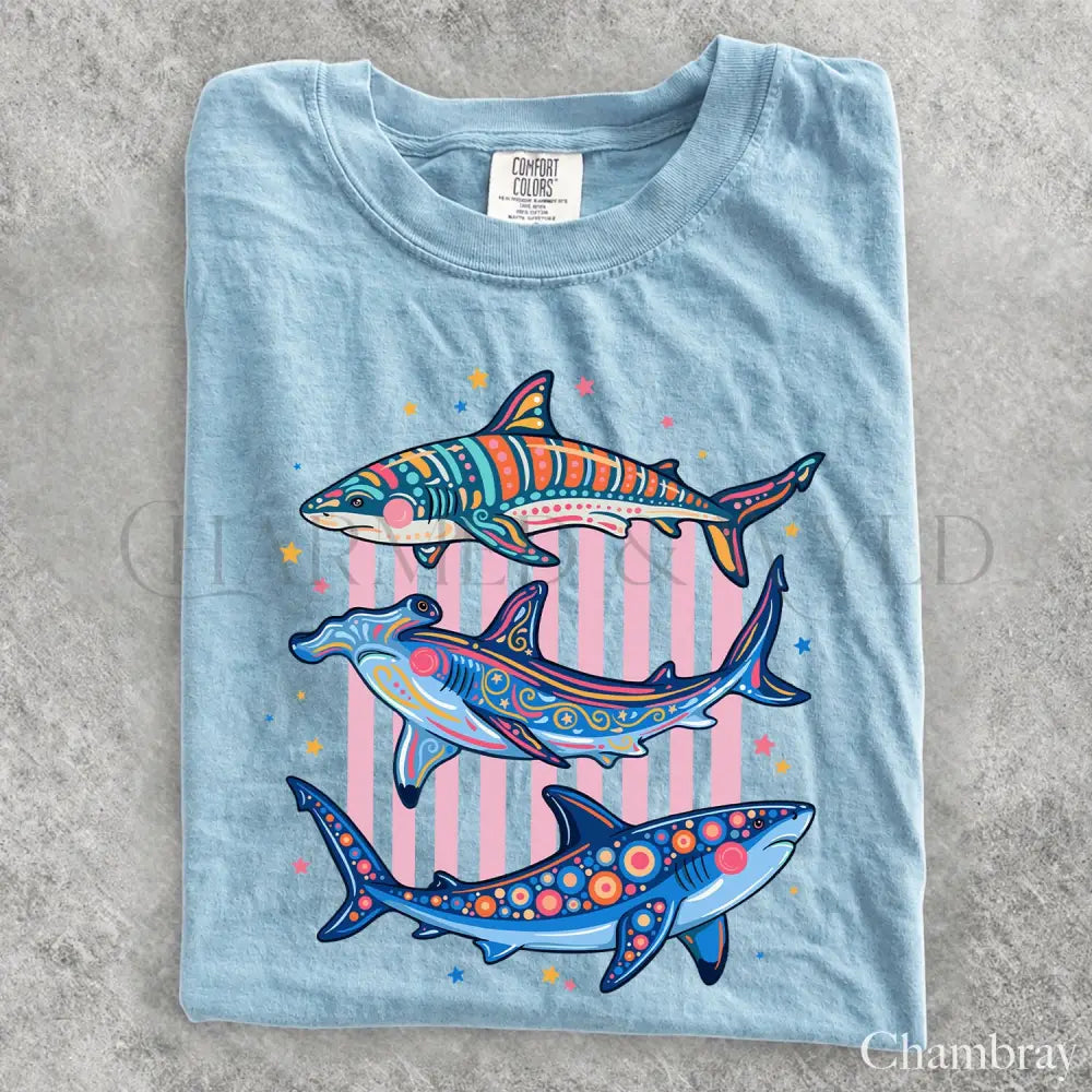Preppy Shark Comfort Colors T-Shirt - Chambray / S - T-Shirt