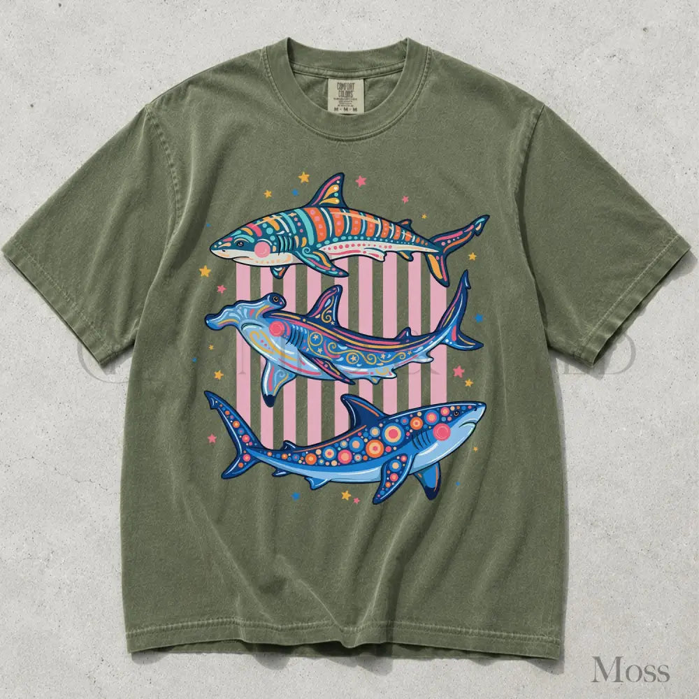 Preppy Shark Comfort Colors T-Shirt - Moss / S - T-Shirt
