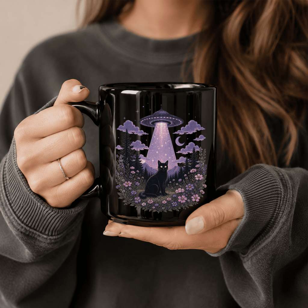 Black Cat Abduction Black Ceramic Mug