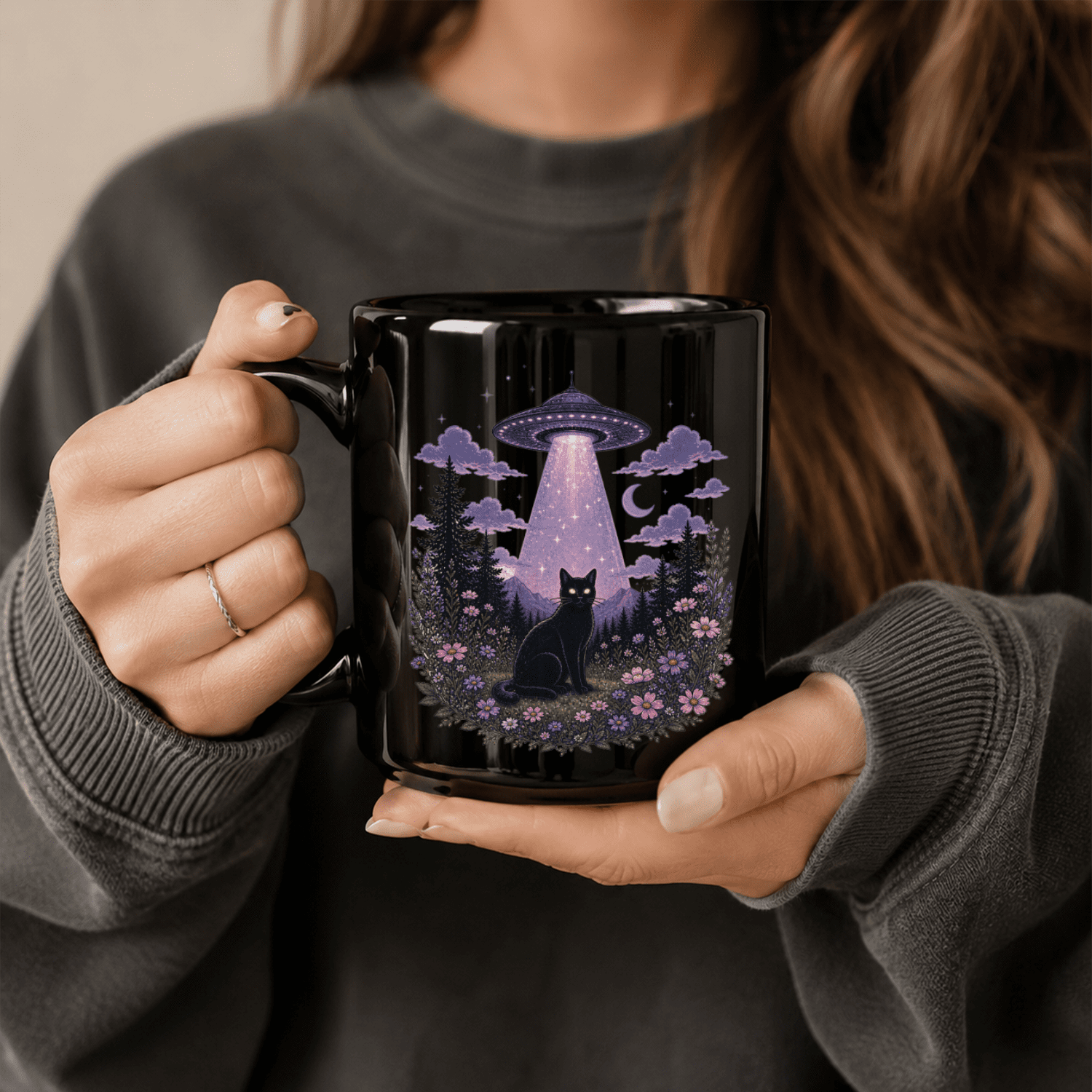 Black Cat Abduction Black Ceramic Mug