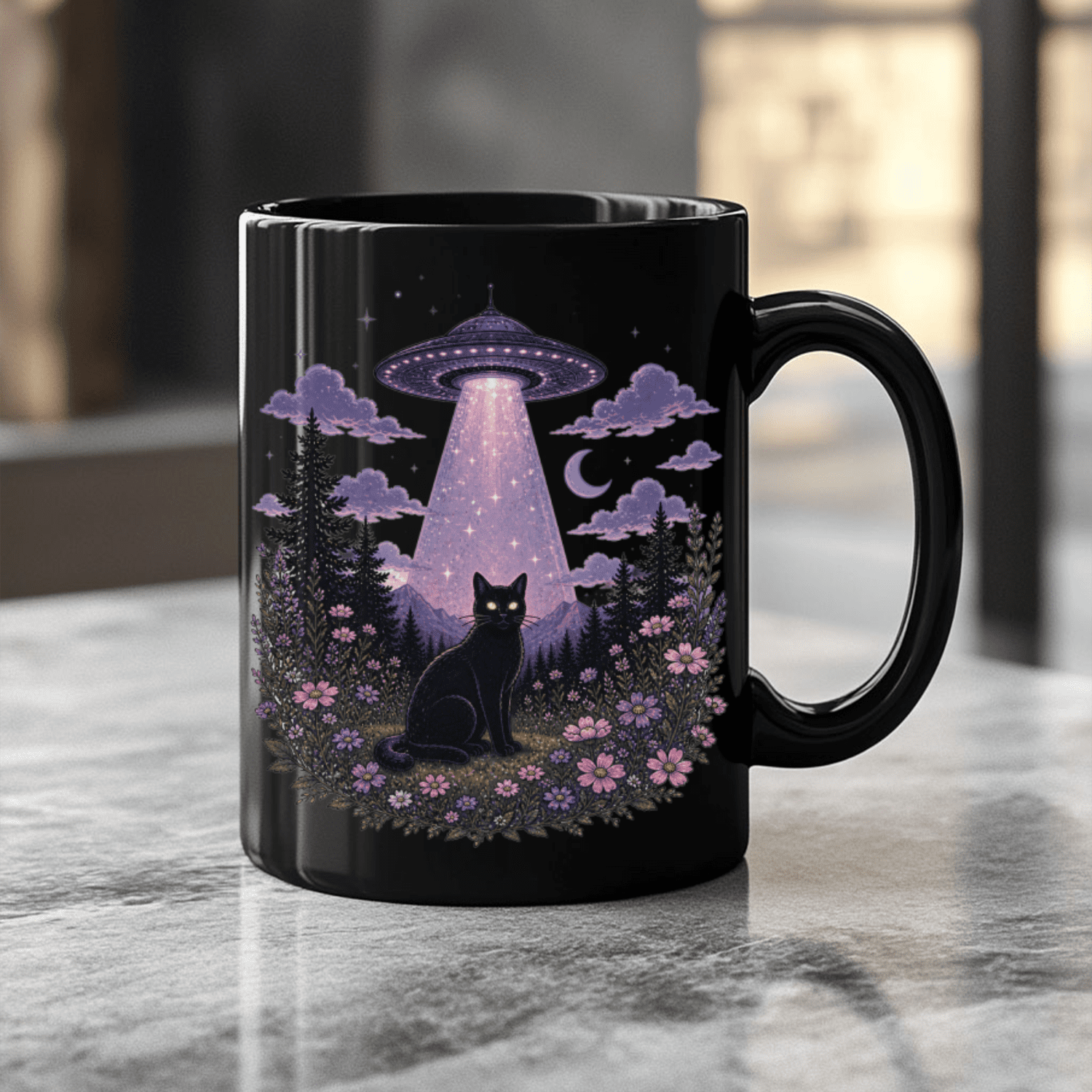 Black Cat Abduction Black Ceramic Mug