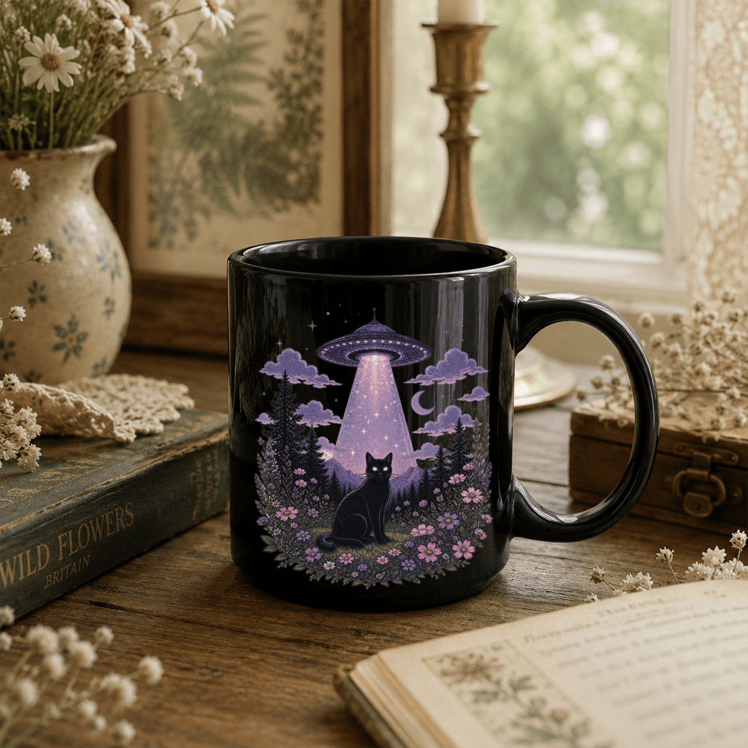 Black Cat Abduction Black Ceramic Mug