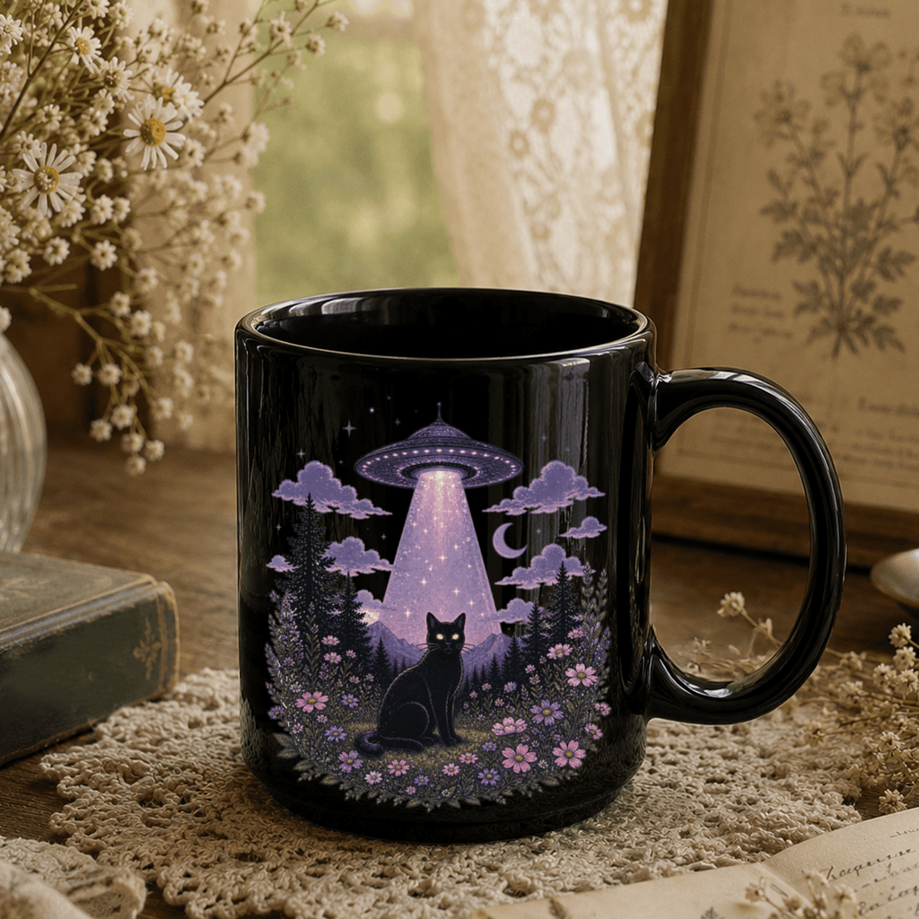 Black Cat Abduction Black Ceramic Mug