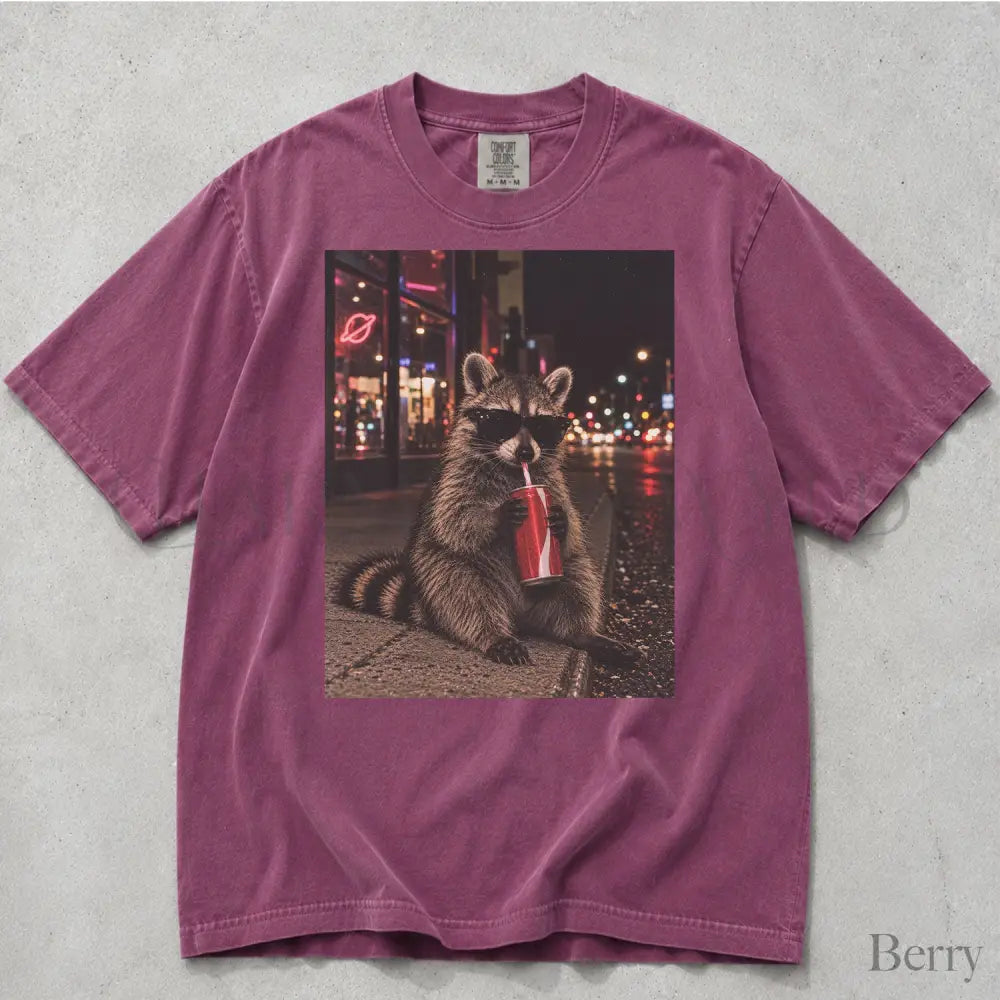 Raccoon Drinking Soda Comfort Colors T-Shirt - Berry / S - T-Shirt