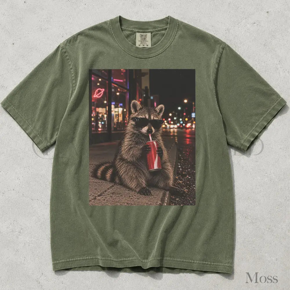Raccoon Drinking Soda Comfort Colors T-Shirt - Moss / S - T-Shirt