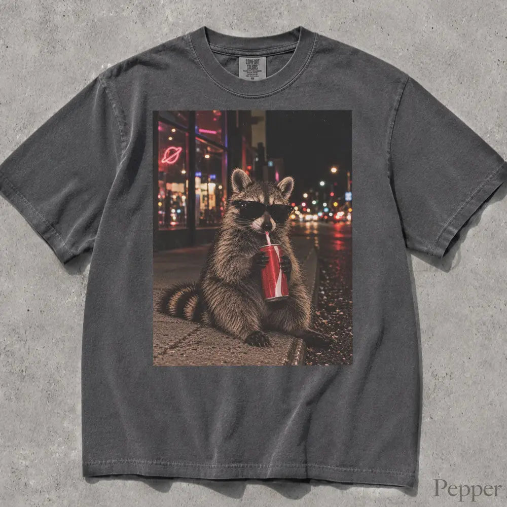 Raccoon Drinking Soda Comfort Colors T-Shirt - Pepper / S - T-Shirt