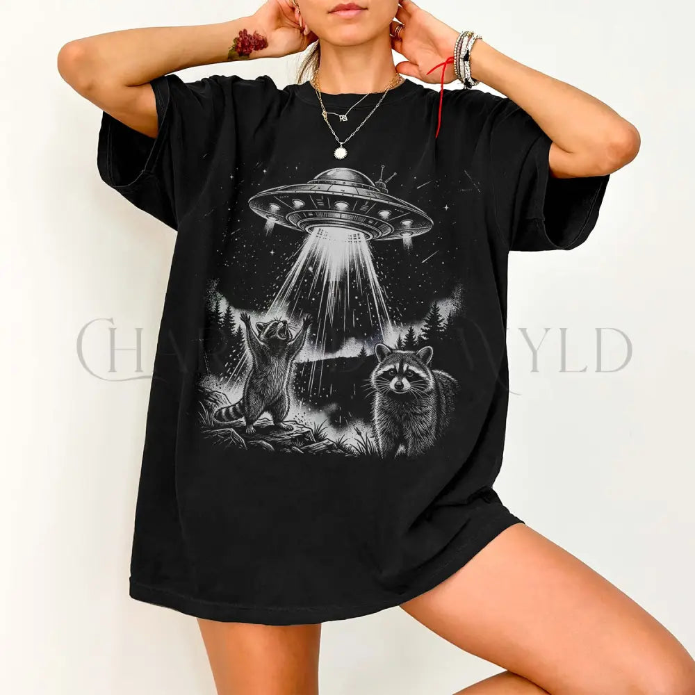Raccoon UFO Alien Invasion T-shirt - Black / S - T-Shirt