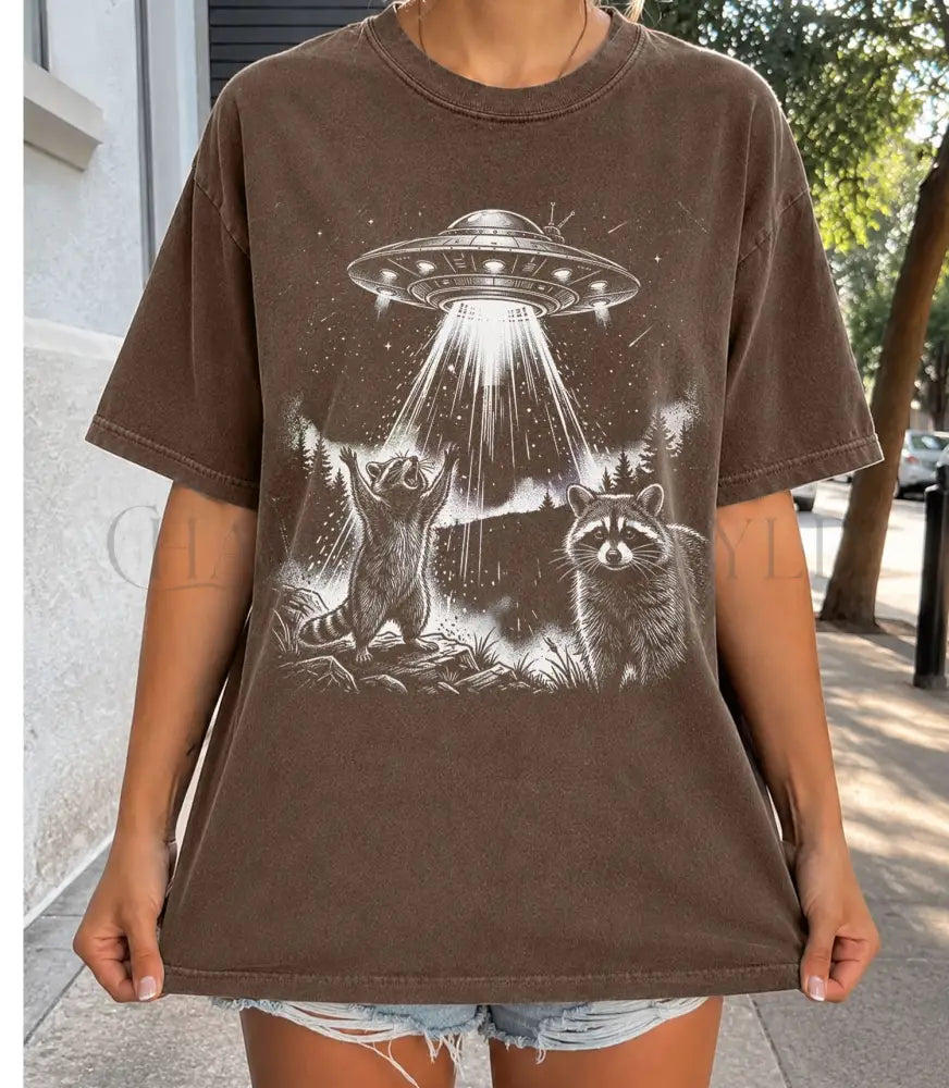 Raccoon UFO Alien Invasion T-shirt - Espresso / S - T-Shirt