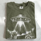Raccoon UFO Alien Invasion T-shirt - Moss / S - T-Shirt