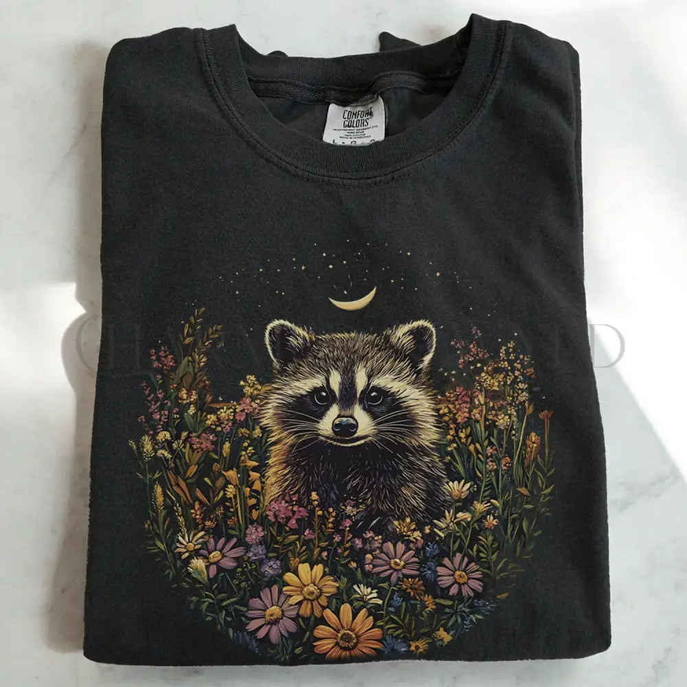 Raccoon Wildflower T-Shirt - Black / S - T-Shirt