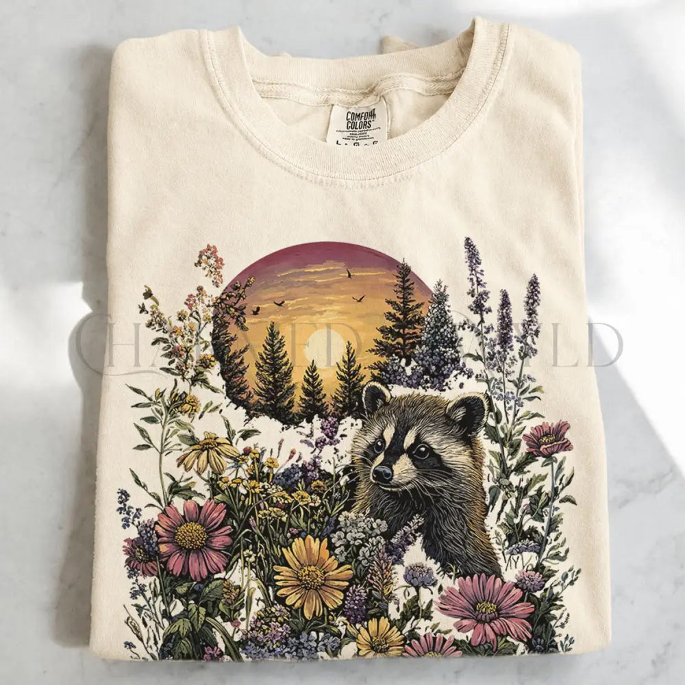 Raccoon Wildflower T-Shirt - Ivory / S - T-Shirt