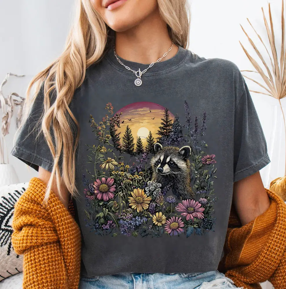 Raccoon Wildflower T-Shirt - Pepper / S - T-Shirt