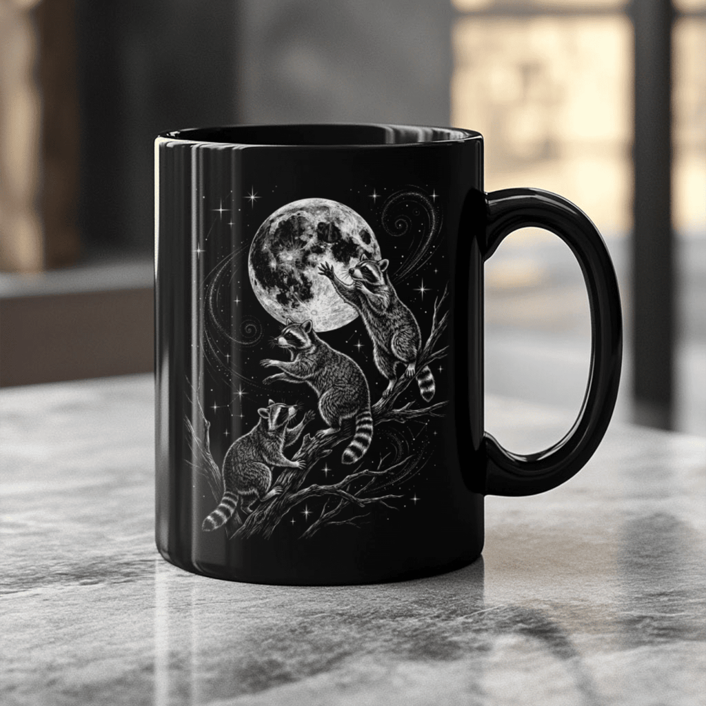 Raccoon Moon Black Ceramic Mug