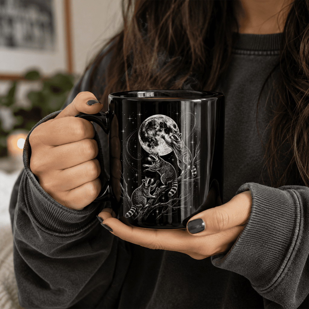 Raccoon Moon Black Ceramic Mug