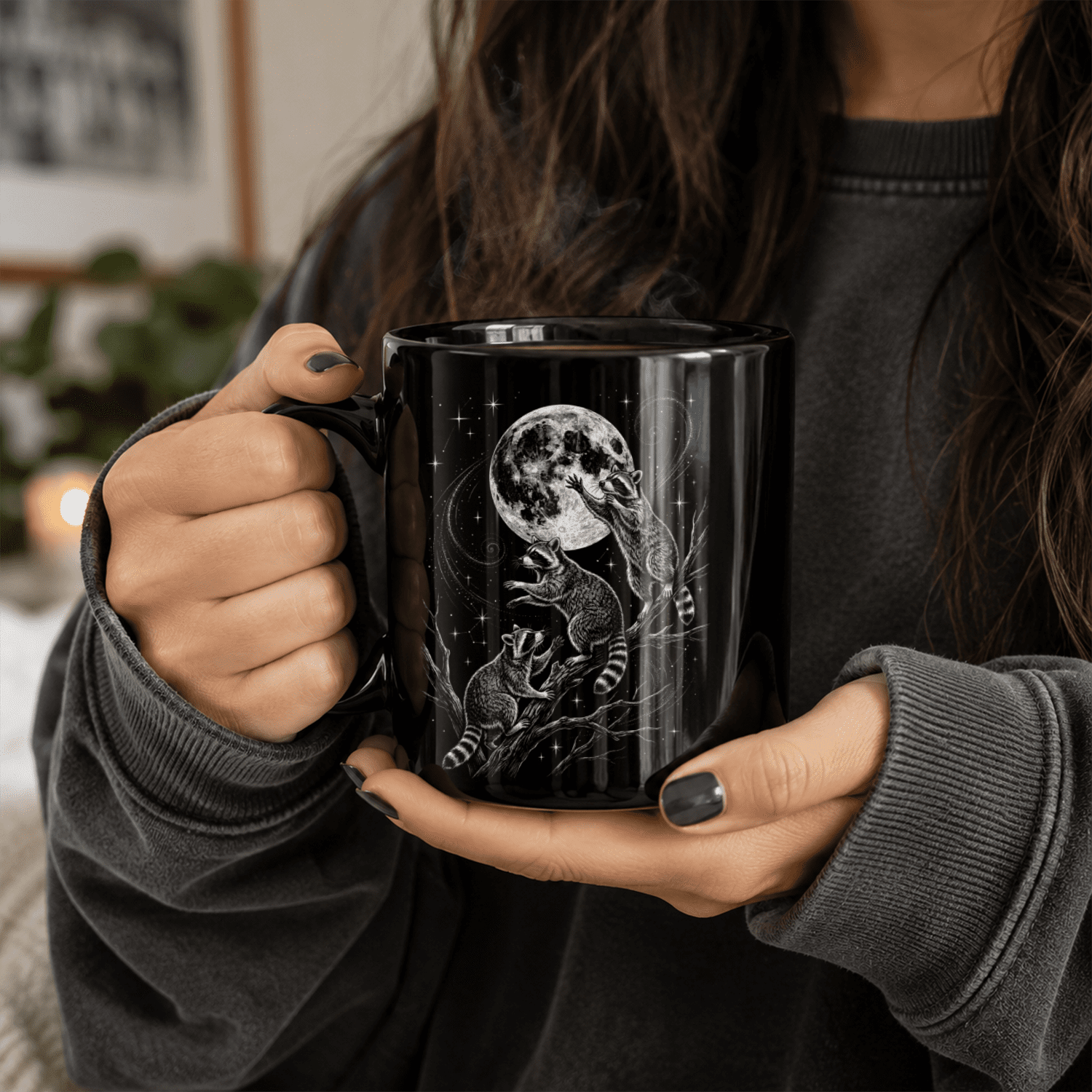 Raccoon Moon Black Ceramic Mug