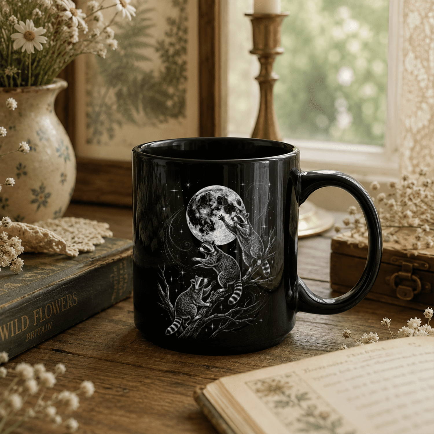 Raccoon Moon Black Ceramic Mug