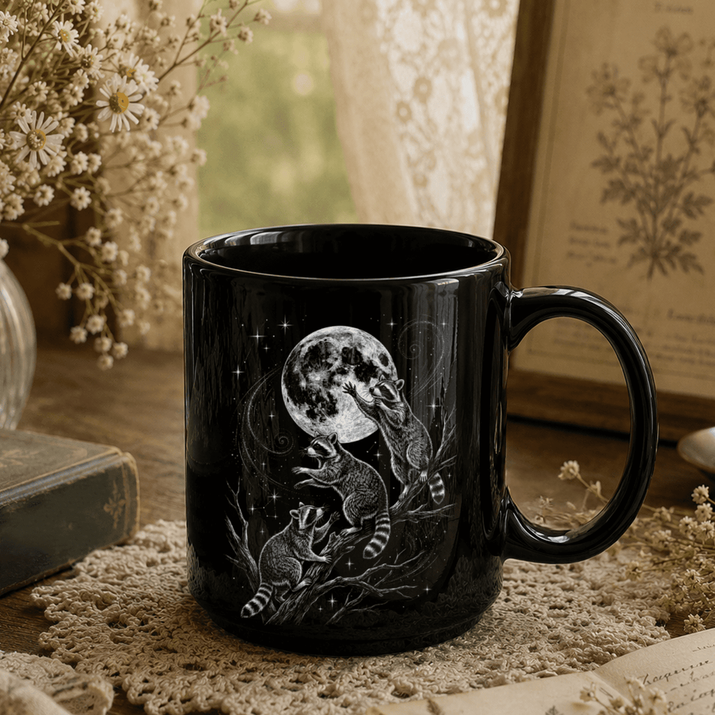 Raccoon Moon Black Ceramic Mug
