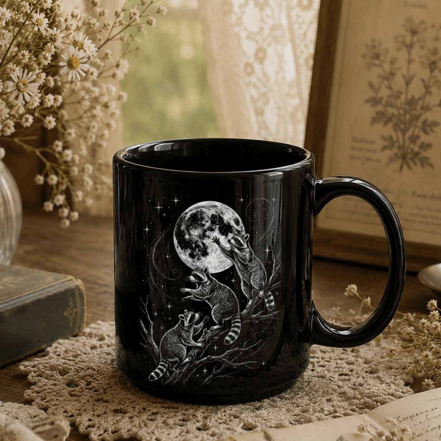 Raccoon Moon Black Ceramic Mug
