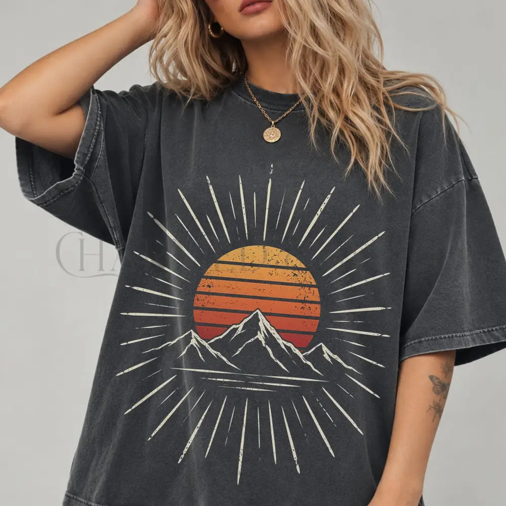 Retro Mountain Sunset Comfort Colors T-Shirt - Pepper / S - T-Shirt