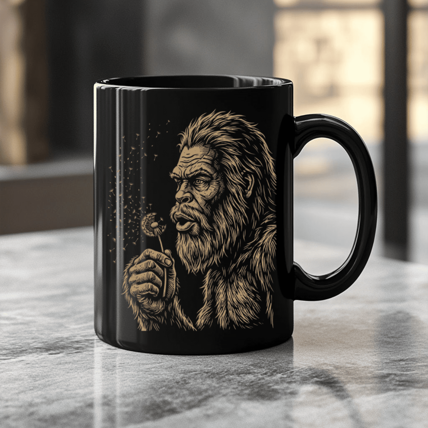 Dandelion Bigfoot Black Ceramic Mug