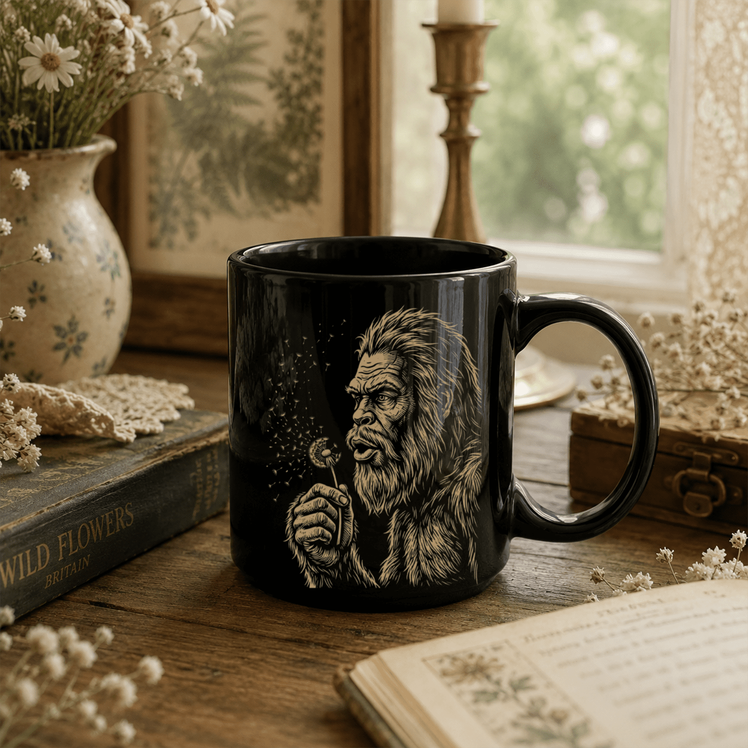 Dandelion Bigfoot Black Ceramic Mug