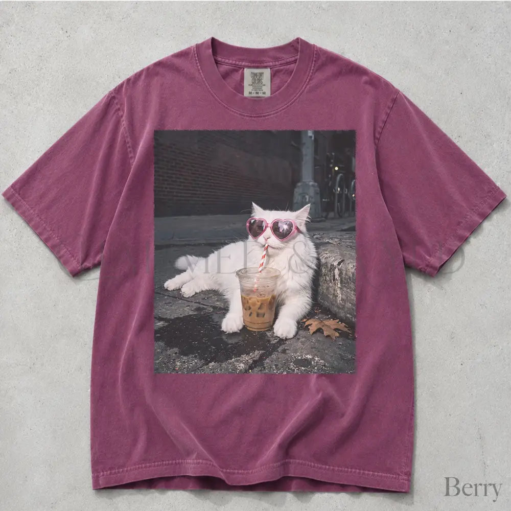 Sassy Cat Iced Coffee Comfort Colors T-Shirt - Berry / S - T-Shirt