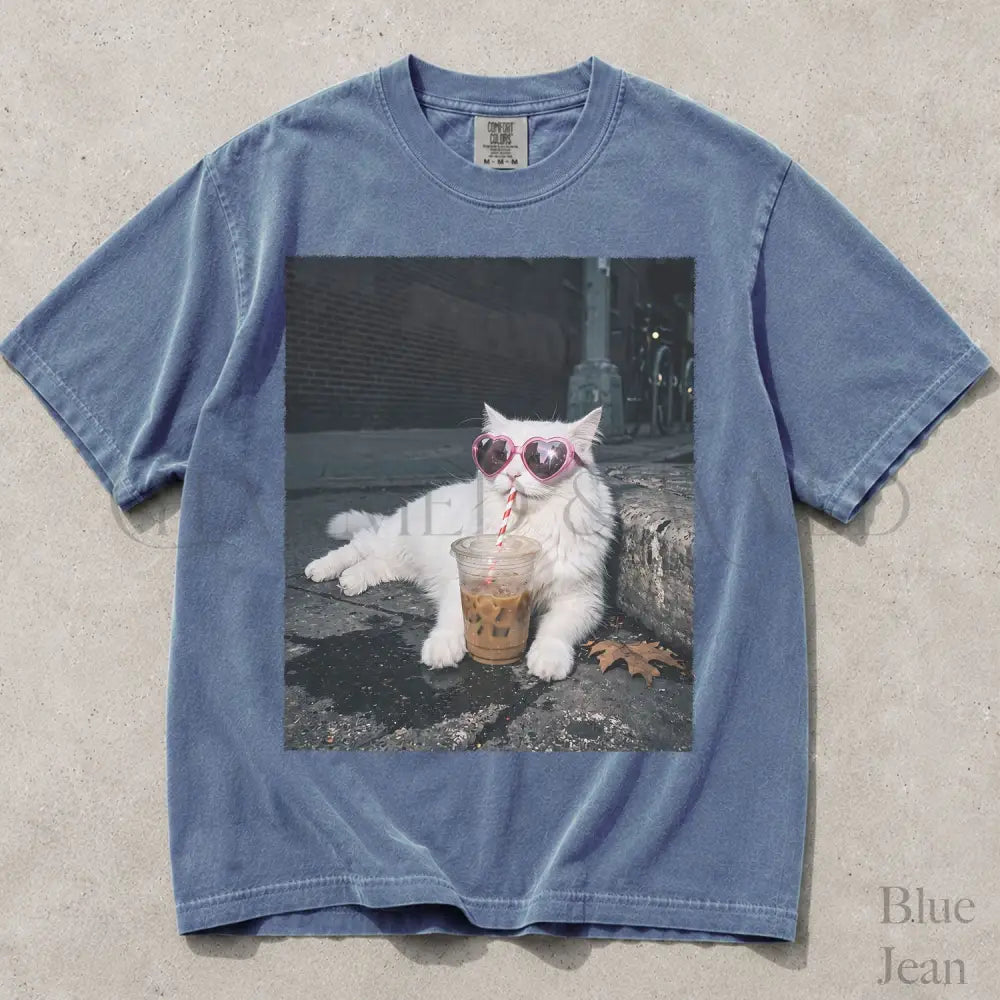 Sassy Cat Iced Coffee Comfort Colors T-Shirt - Blue Jean / S - T-Shirt