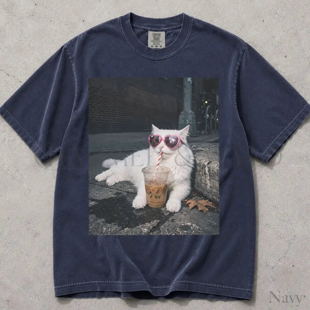 Sassy Cat Iced Coffee Comfort Colors T-Shirt - Navy / S - T-Shirt