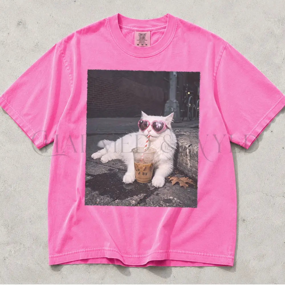 Sassy Cat Iced Coffee Comfort Colors T-Shirt - Neon Pink / S - T-Shirt