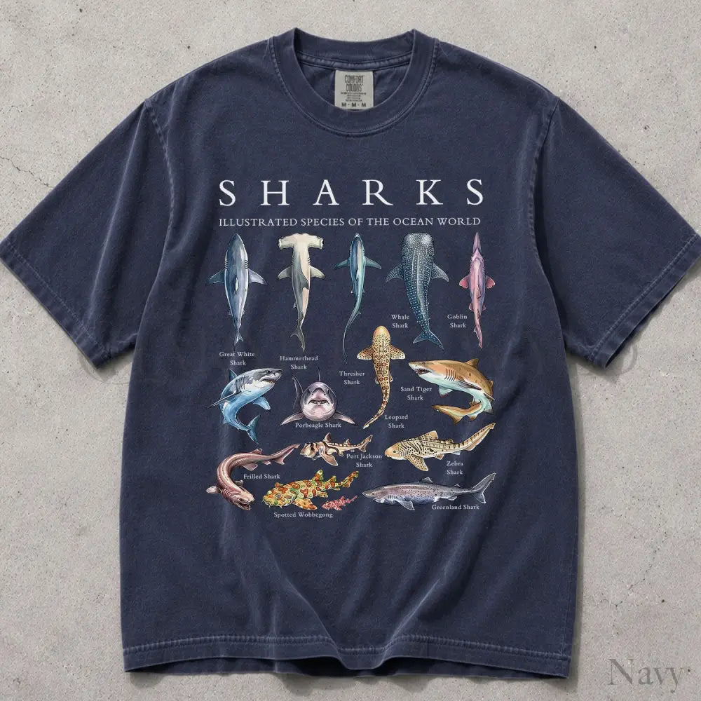 Shark Chart Comfort Colors T-Shirt - Navy / S - T-Shirt