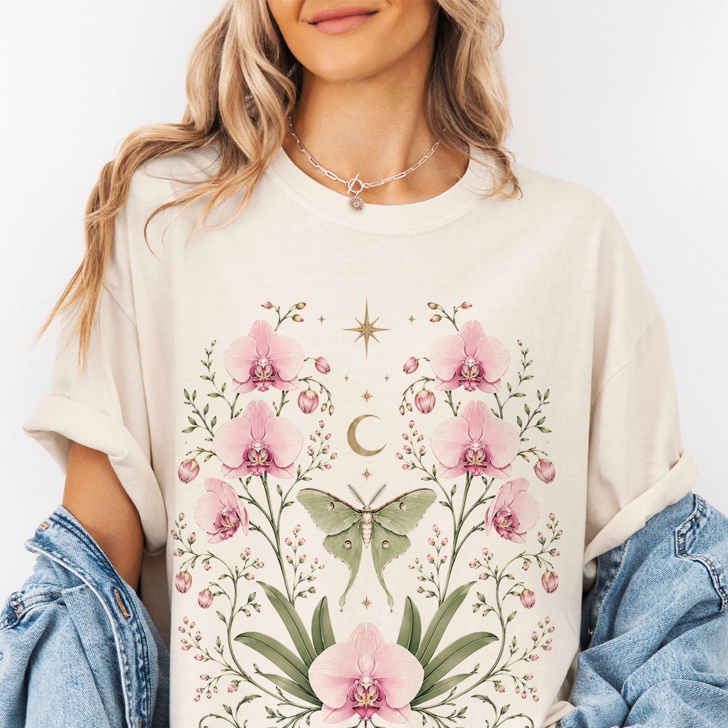 Moonlit Pink Orchid Flower T-Shirt