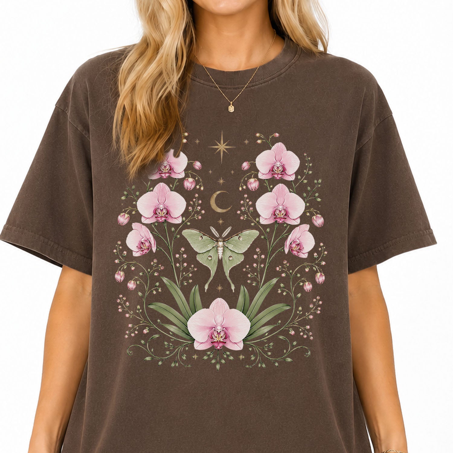 Moonlit Pink Orchid Flower T-Shirt