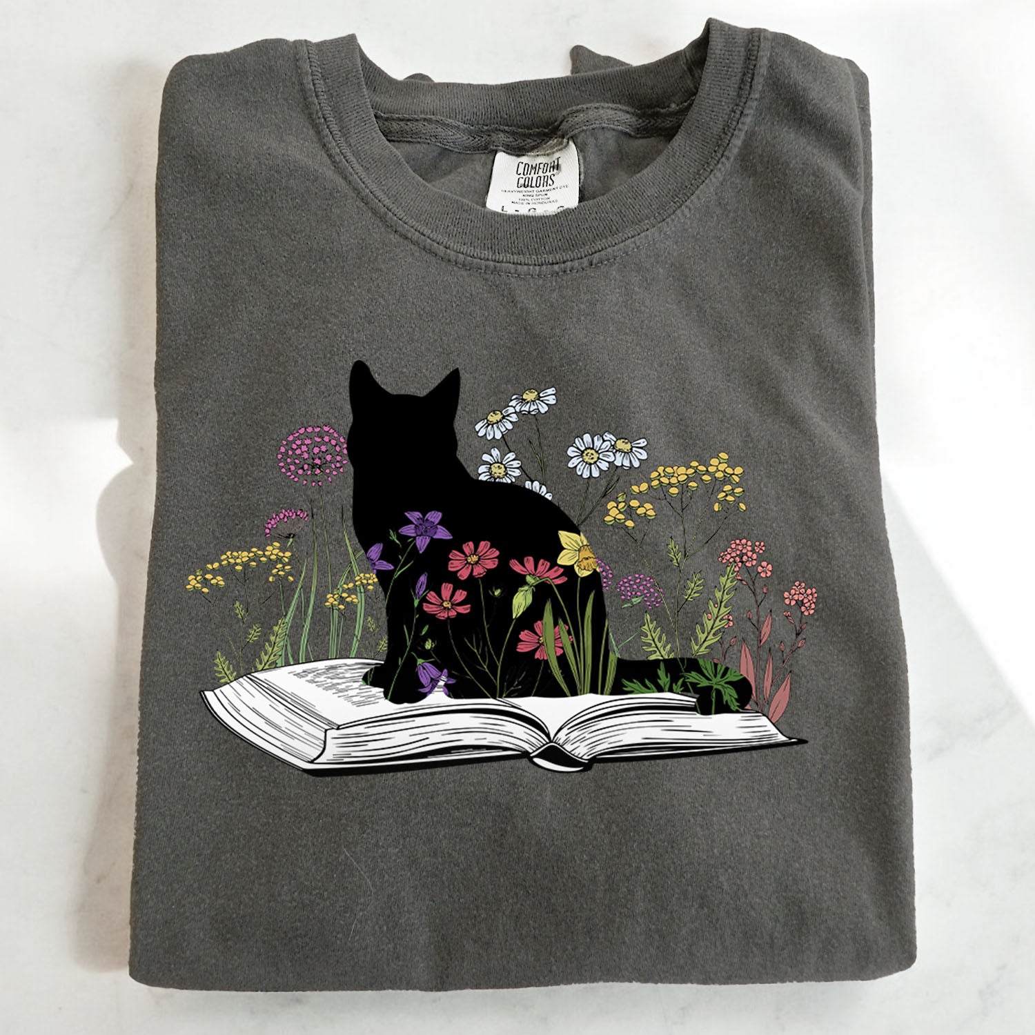Black Cat Book in the Garden T-Shirt