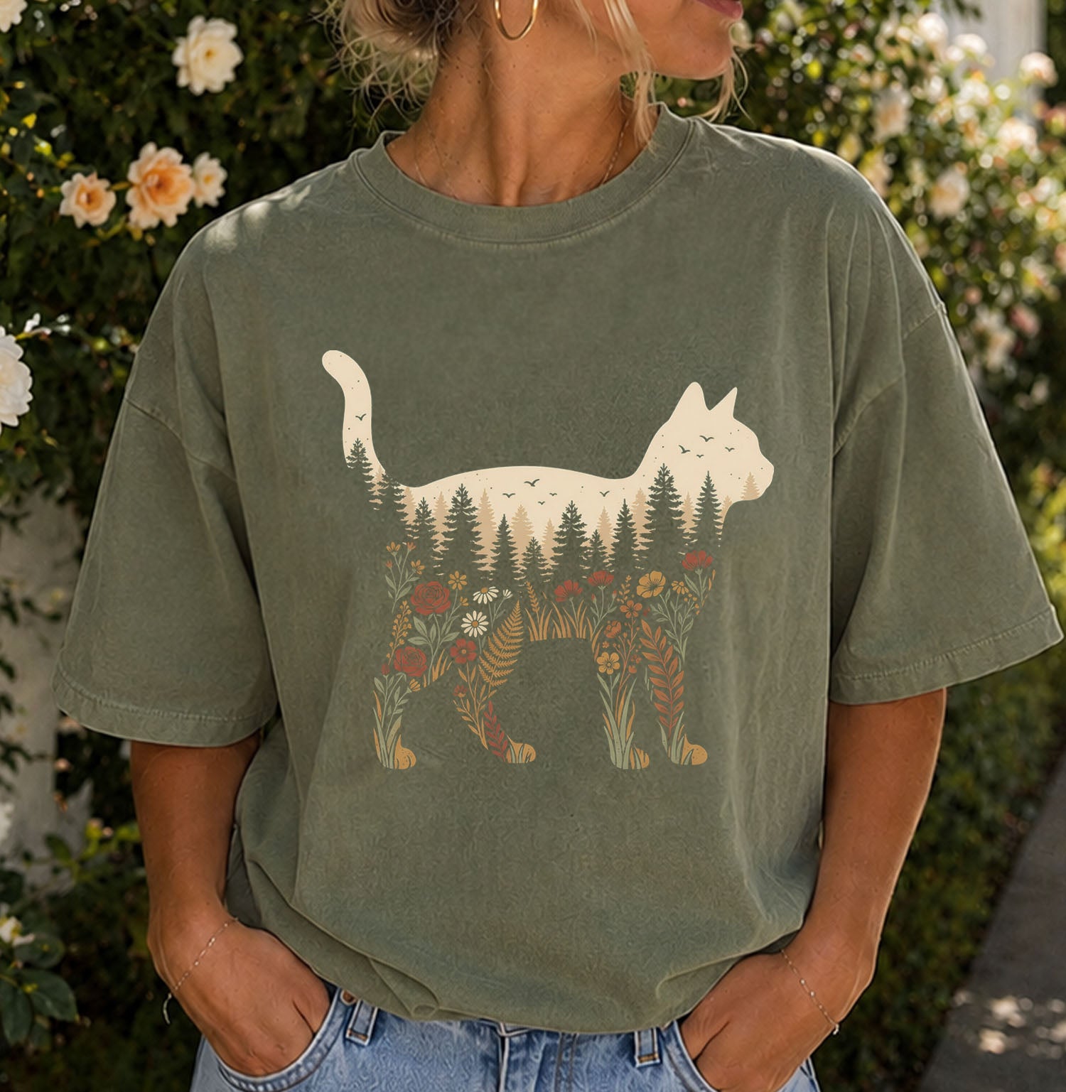 Cat Wildflower Graphic T-Shirt