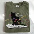 Black Cat Book in the Garden T-Shirt - Charmed and Wyld