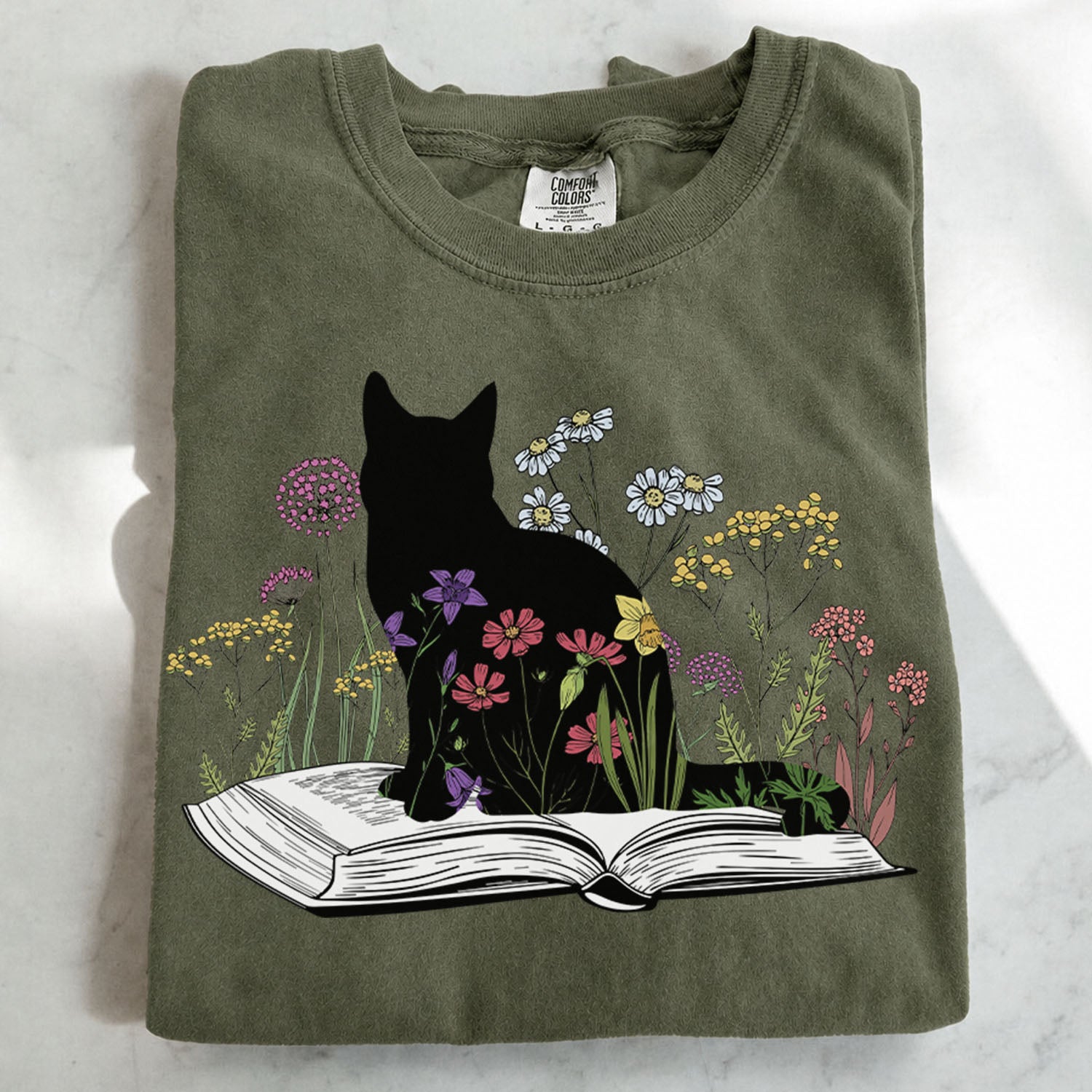 Black Cat Book in the Garden T-Shirt
