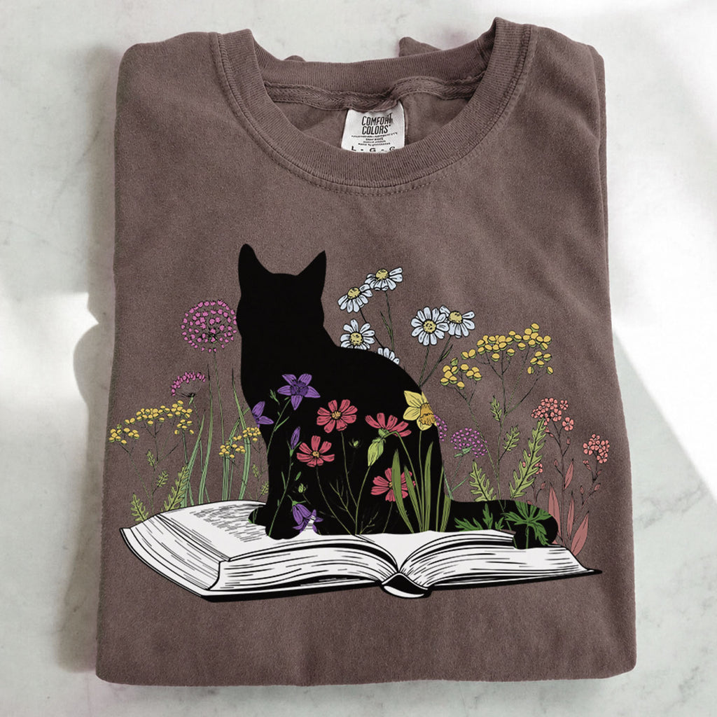 Black Cat Book in the Garden T-Shirt