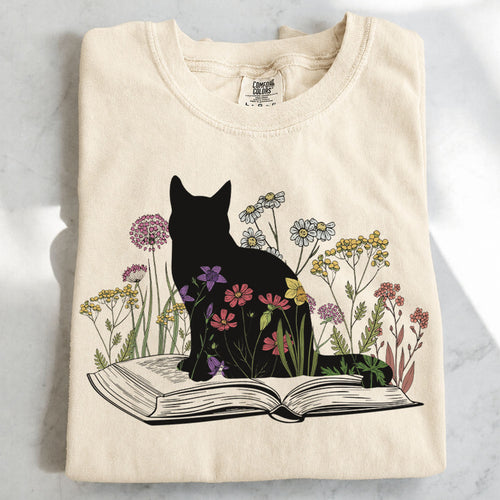 Black Cat Book in the Garden T-Shirt