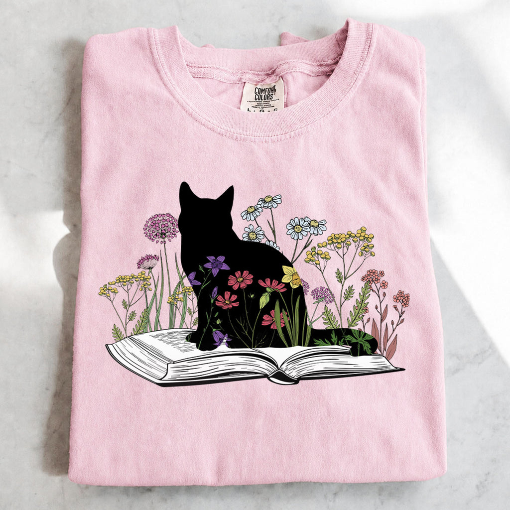 Black Cat Book in the Garden T-Shirt