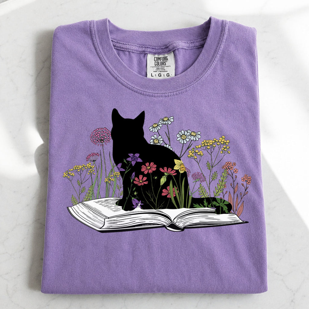 Black Cat Book in the Garden T-Shirt