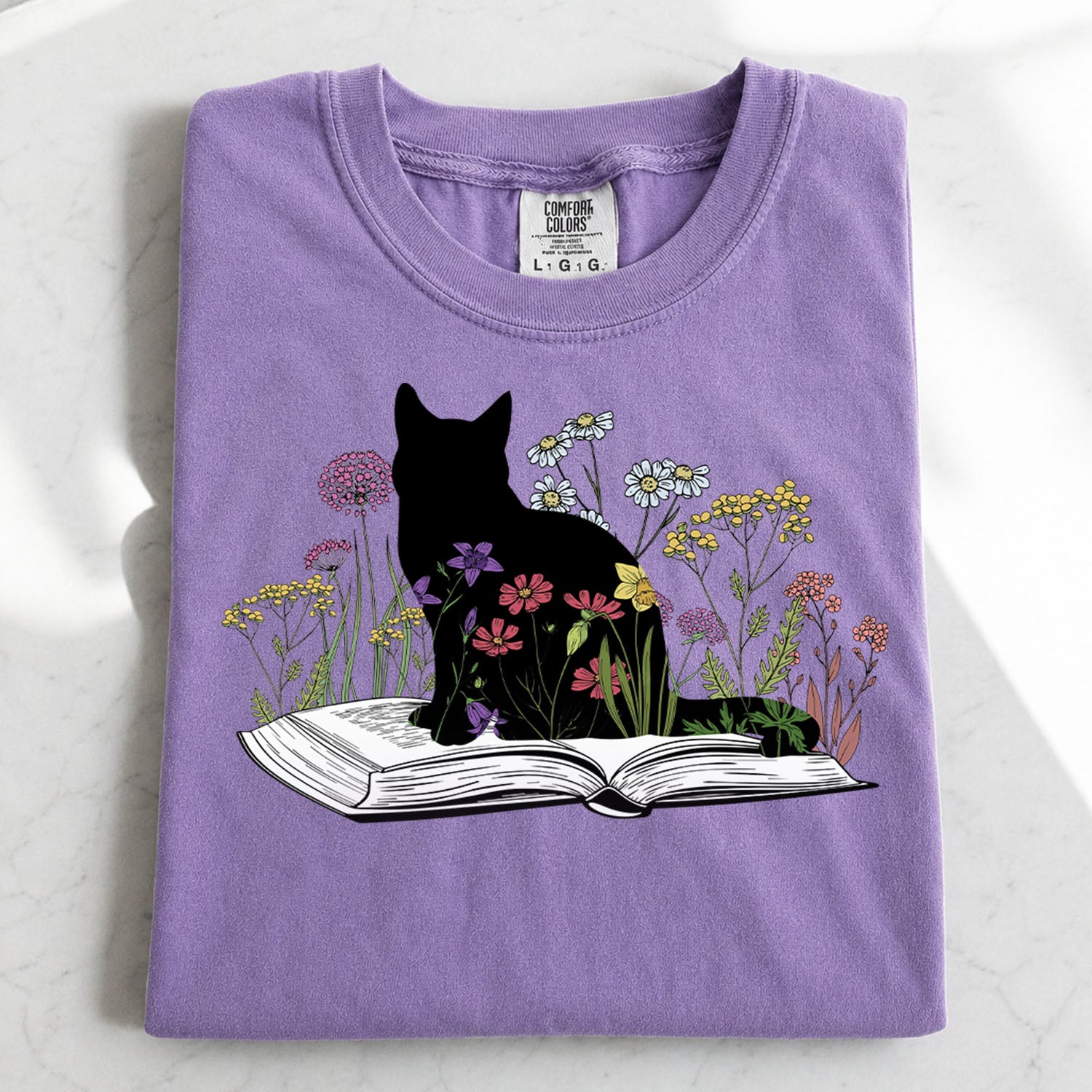 Black Cat Book in the Garden T-Shirt