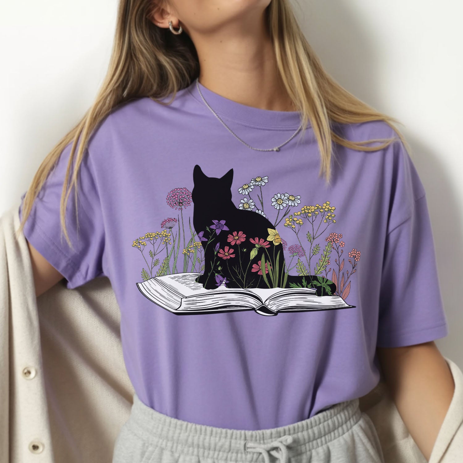 Black Cat Book in the Garden T-Shirt
