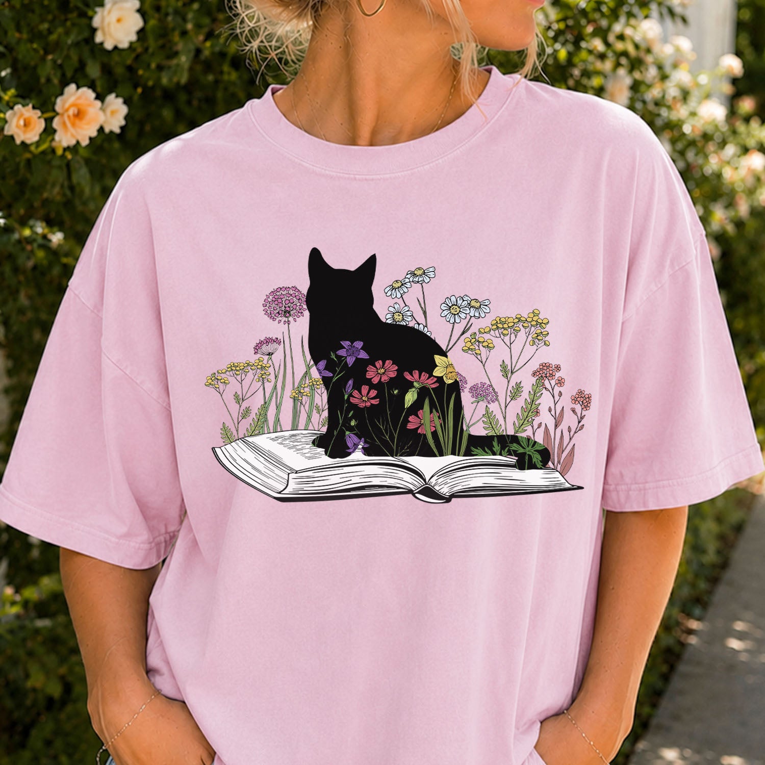 Black Cat Book in the Garden T-Shirt
