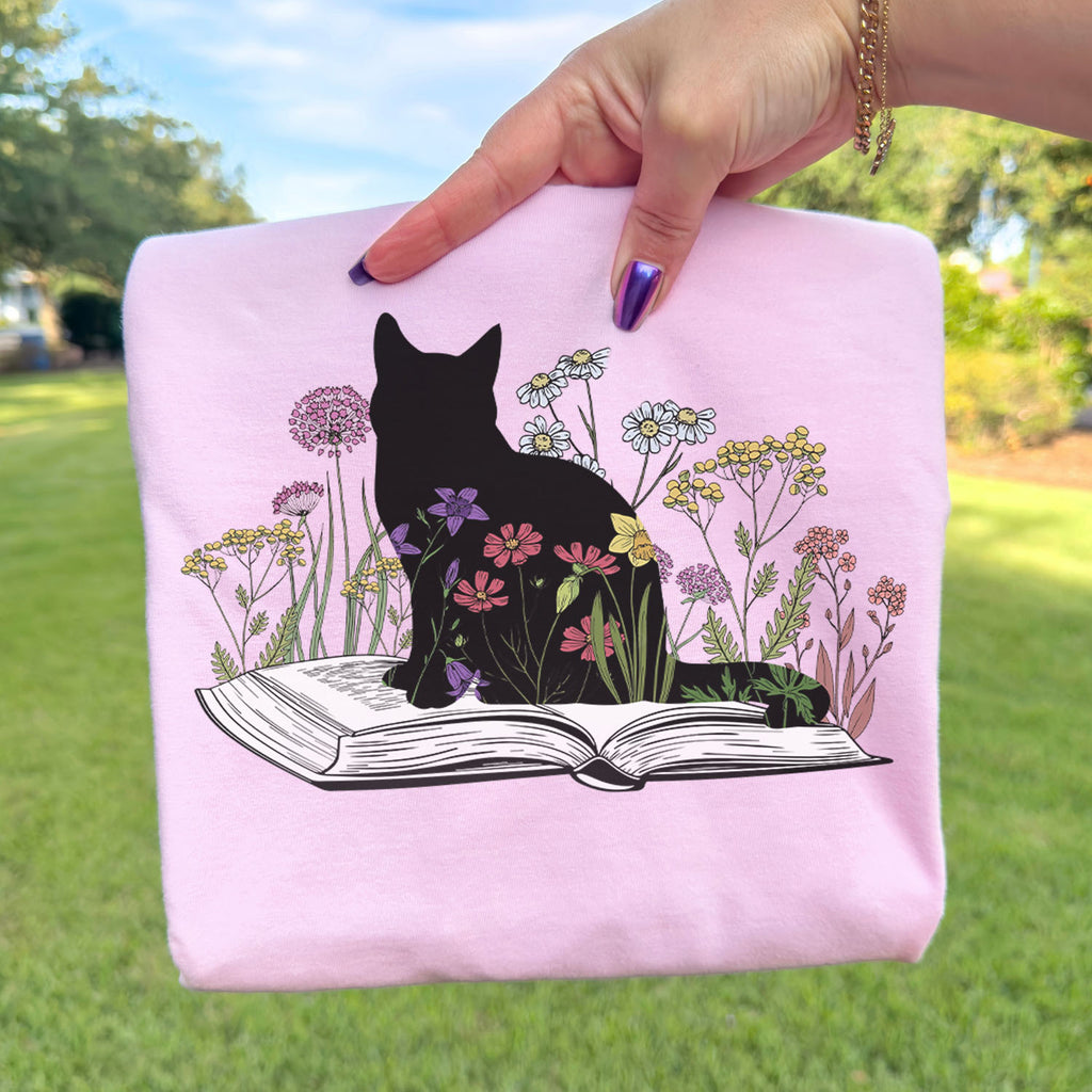 Black Cat Book in the Garden T-Shirt