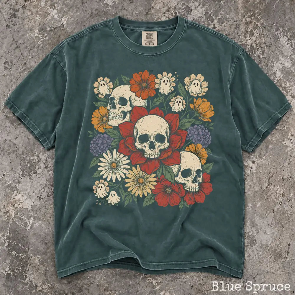 Skull Flower Comfort Colors T-Shirt - Blue Spruce / S - T-Shirt