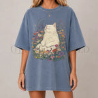 Sleeping Cat Flower T-shirt - Blue Jean / S - T-Shirt